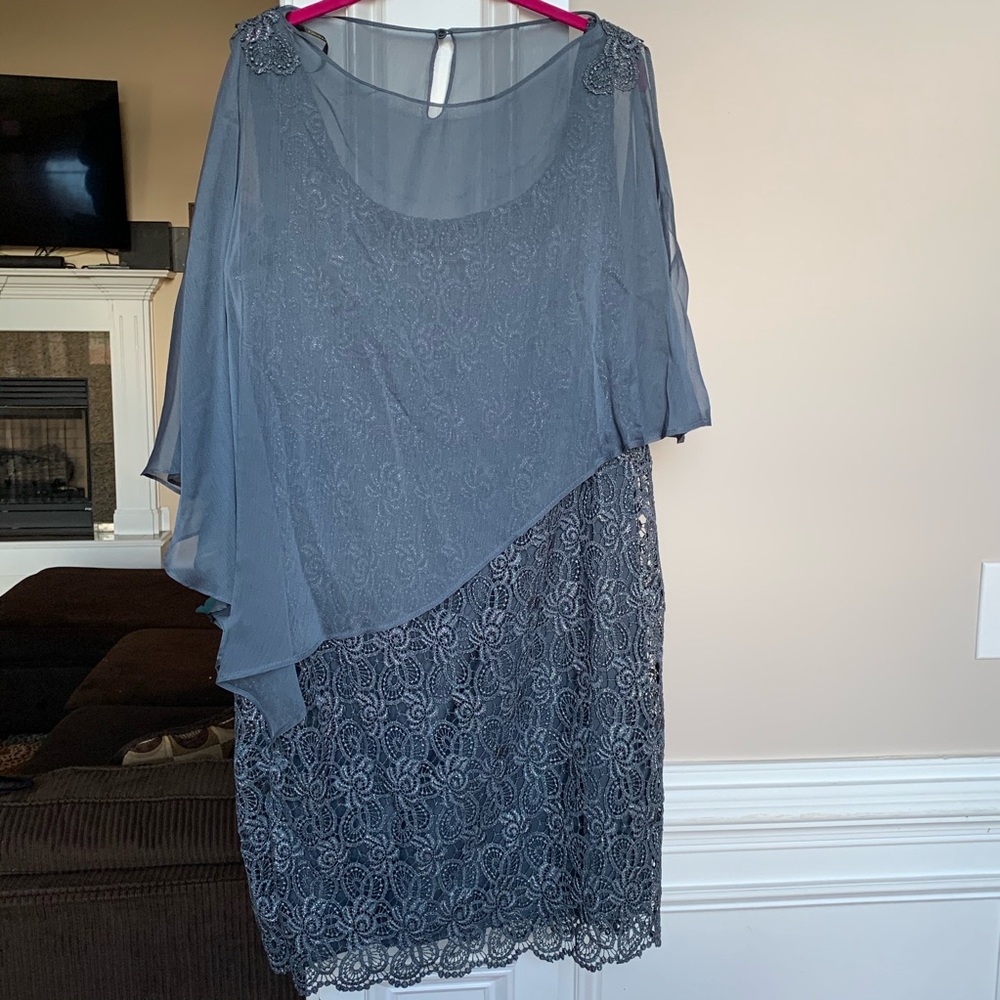 Mother of the bride dress with attachable sheer shawl.